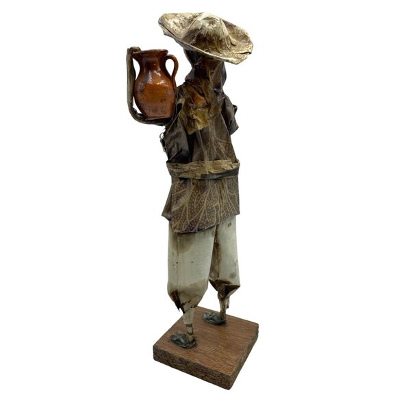 Vintage Mexican Paper Mache Folk Art Figure Of Man With Pottery On Wooden Base - Picture 5 of 16